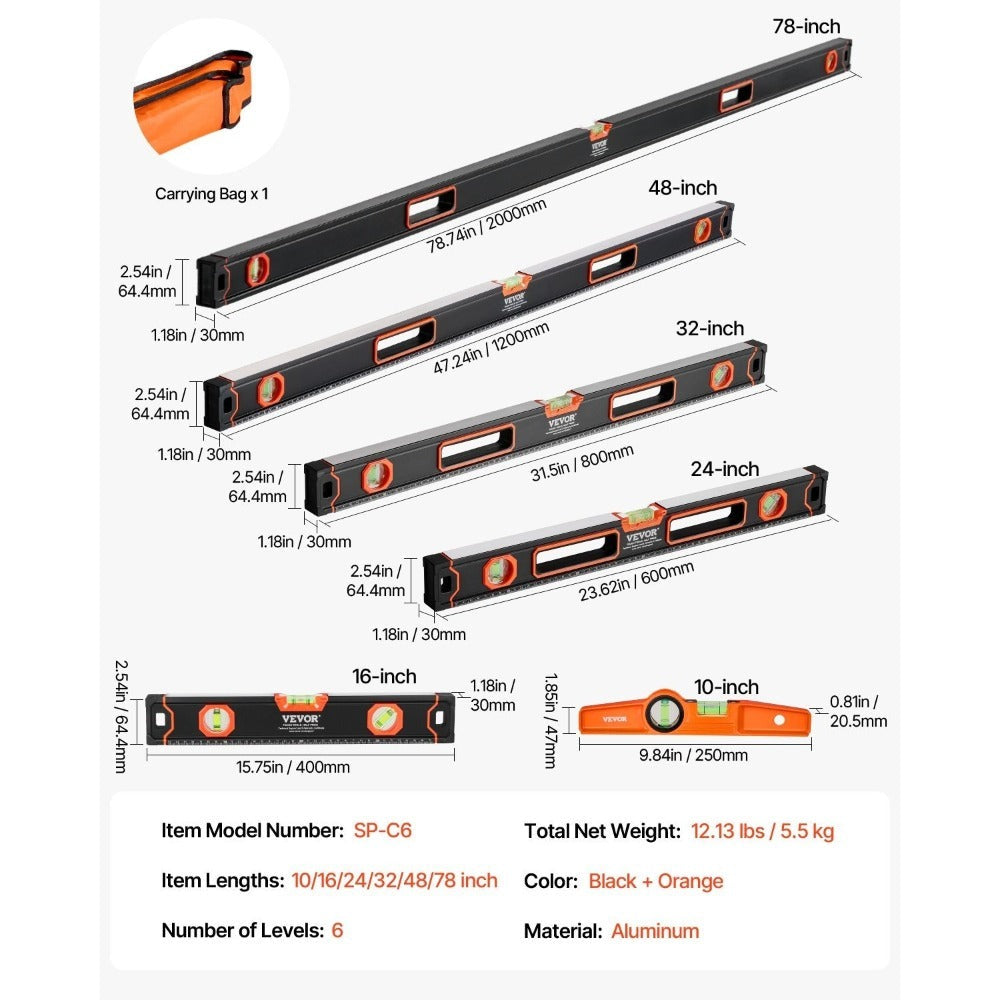 Magnetic Torpedo Level Set 6-Piece Full Magnetic All Sizes | 10 16 24 32 48 78 Inch Aluminum Spirit Level Kit Anti-Static Vials 3-in-1 | Heavy Duty Construction Framing Plumbing Carpenter DIY Tool