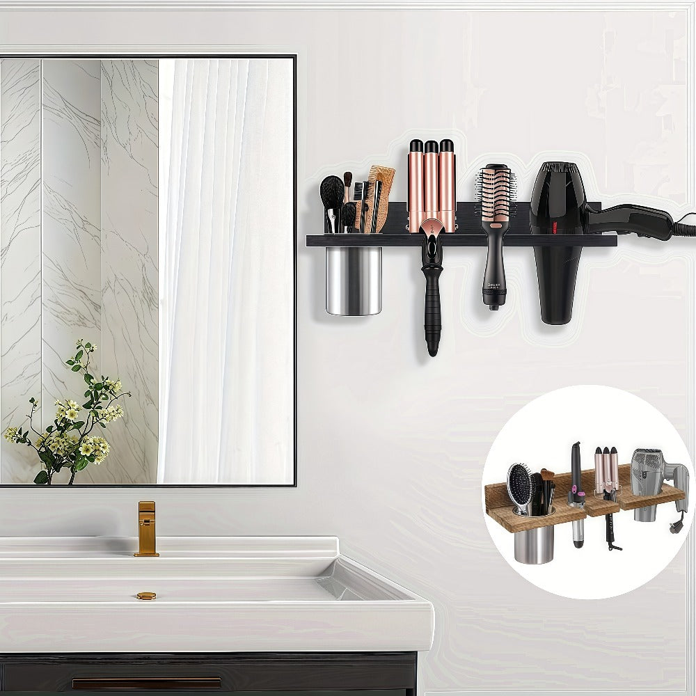 Wall Mounted Hair Tool Organizer ¨C Wooden Hair Dryer Holder & Storage Rack for Curling Iron, Straightener & Brushes, Rustic Bathroom Salon Shelf (Brown & Black)