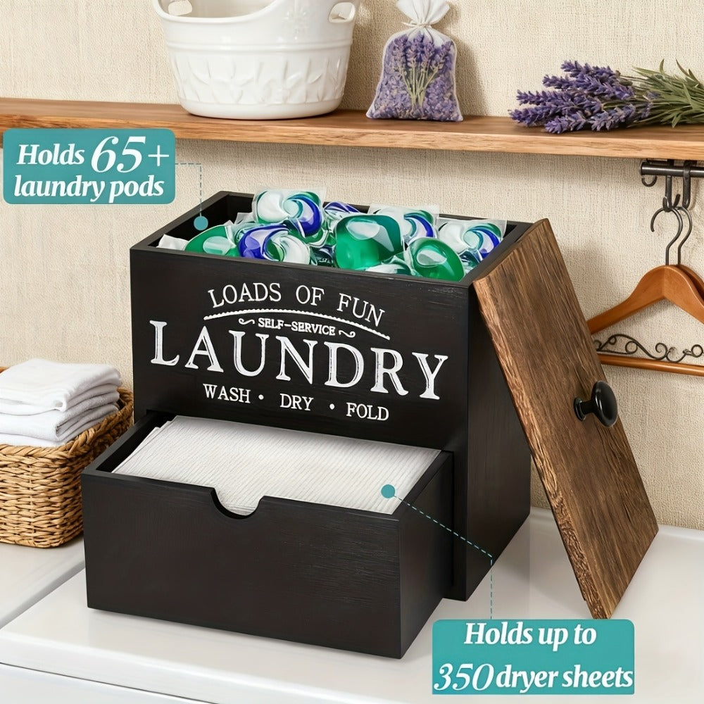 Dryer Sheet Holder with Drawer & Lid | Farmhouse Wood Laundry Pod Dispenser | Wall Mount or Countertop Organizer for Laundry Room Storage, Black & White