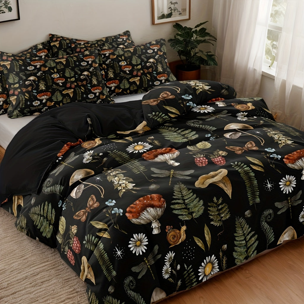 Duvet Cover Set 3-Piece Forest Mushroom Pattern ¨C Soft Polyester Bedding with Zipper Closure, Twin Full Queen King ¨C Bedroom & Guest Room