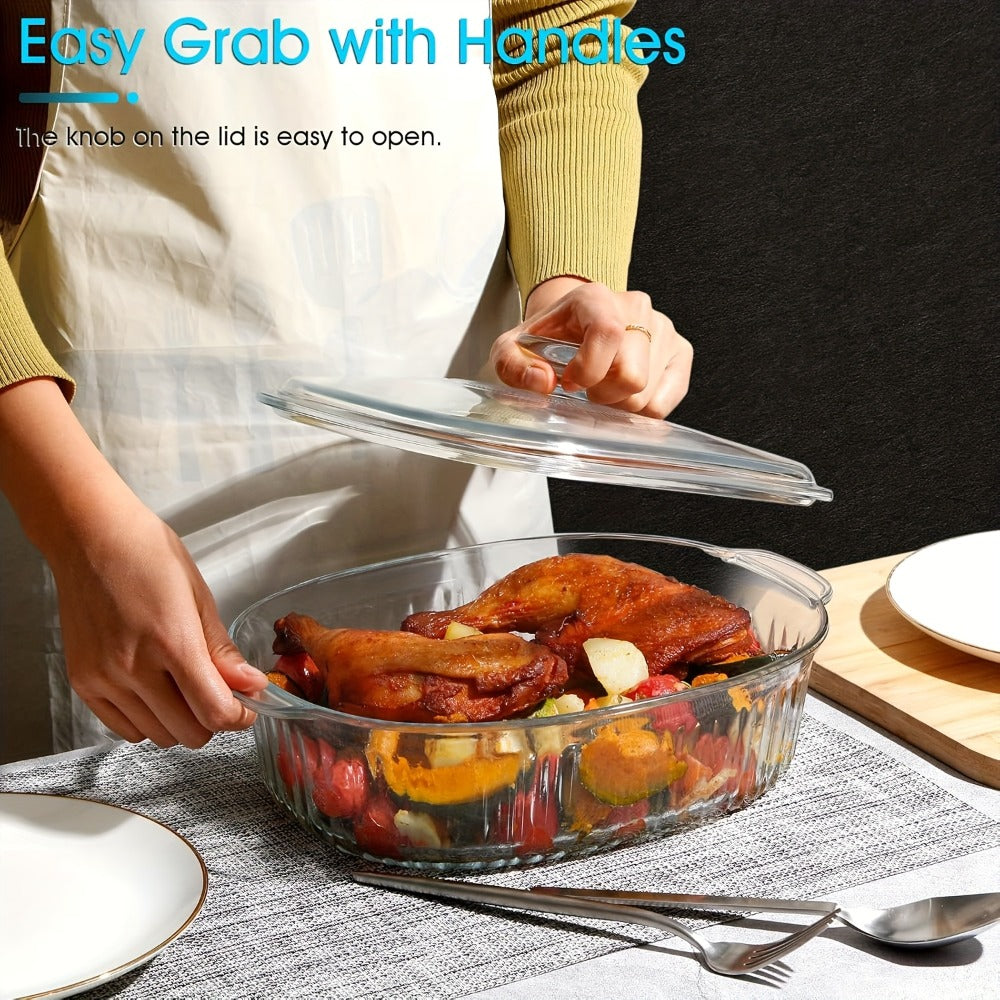 Glass Casserole Dish with Lid, Oval Ribbed Roasting Pan, Oven & Microwave Safe Covered Baking Dish, Transparent Deep Glass Cookware for Chicken Pasta Desserts, 50oz & 85oz Options