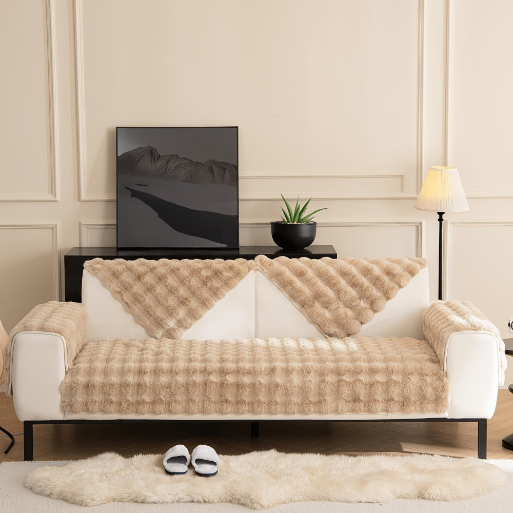 Bubble Soft Faux Rabbit Fur Sofa Cover - Non-Slip Silicone Backing Stretchable Slipcover Pet Friendly Machine Washable for Living Room Bedroom Dorm, 4 Colors Multiple Sizes