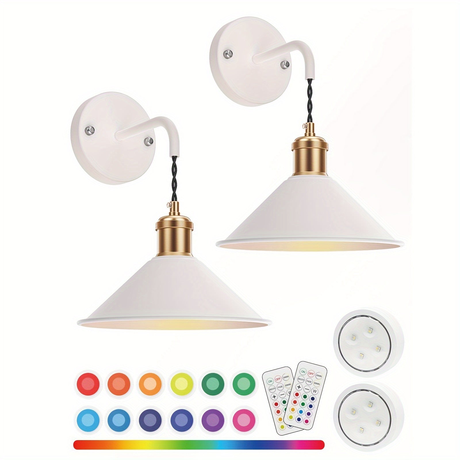Battery Operated Wall Sconce Set of 2 ¨C RGB Wireless Wall Light, Dimmable with Remote Control, 13 Scene Modes, Timer & Memory Function, No Wiring for Bedroom Living Room Hallway (Black / White)