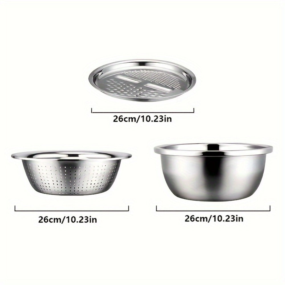 Stainless Steel Kitchen Bowl Set 3 Piece with Integrated Grinder, Colander Filter and Mixing Bowl, Multifunctional Fruit Vegetable Washing Prep Bowl with Drainage System for Slicing Cheese Salad