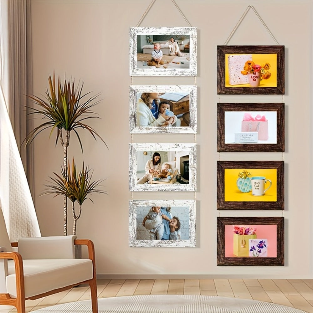 Picture Frame Set 4pcs Wooden Glass 4x6 with Flip-Top Display ¨C Collage Photo Frames for Wall & Desktop, Interchangeable Mat, Home Decor Room Aesthetic ¨C Wedding, Housewarming & Holiday Gift (White/Brown)