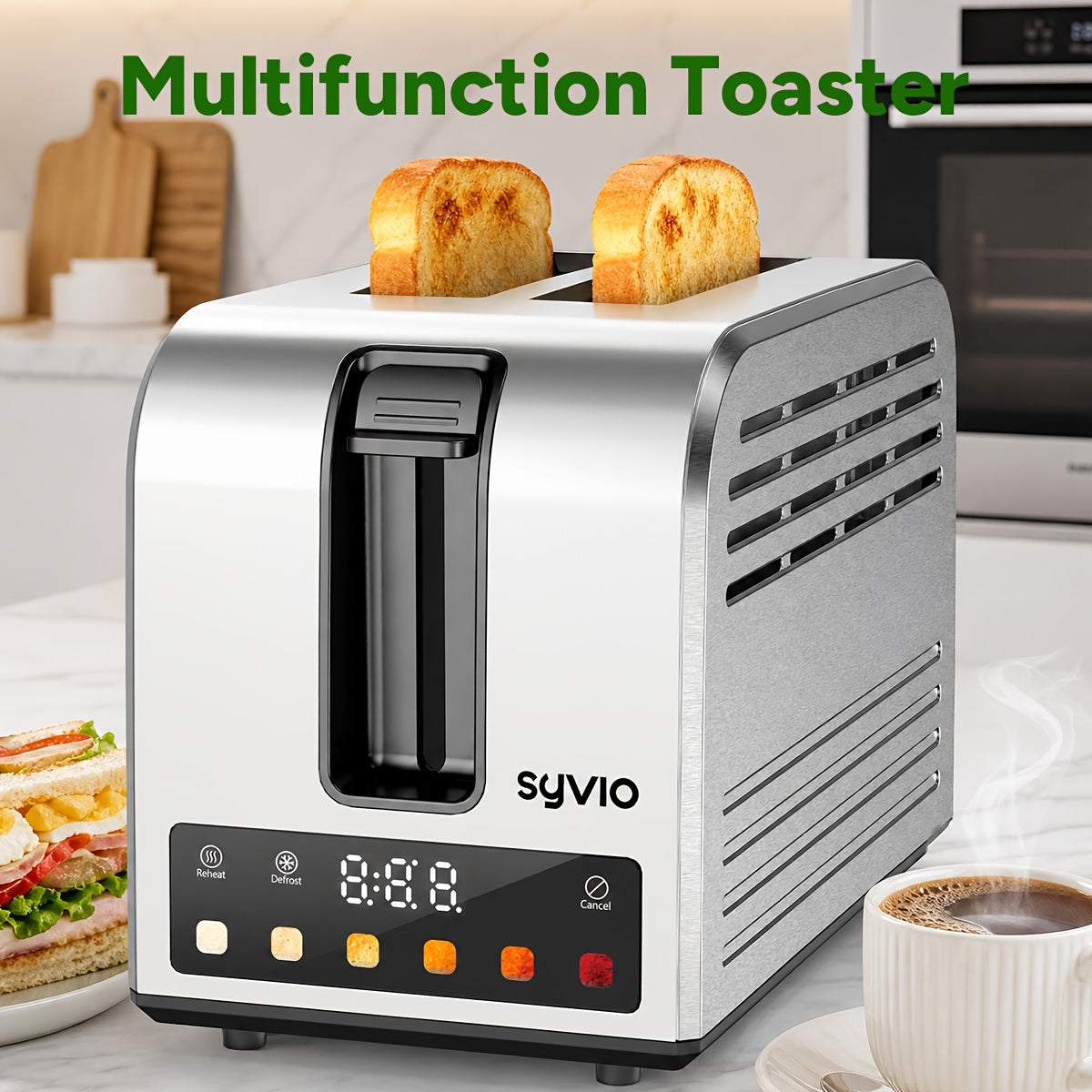 Toaster 2-Slice Stainless Steel Smart Touchscreen ¨C 5 Bread Types, 6 Browning Levels, Wide Slots, Temperature Control, Removable Crumb Tray, Compact Kitchen Toaster