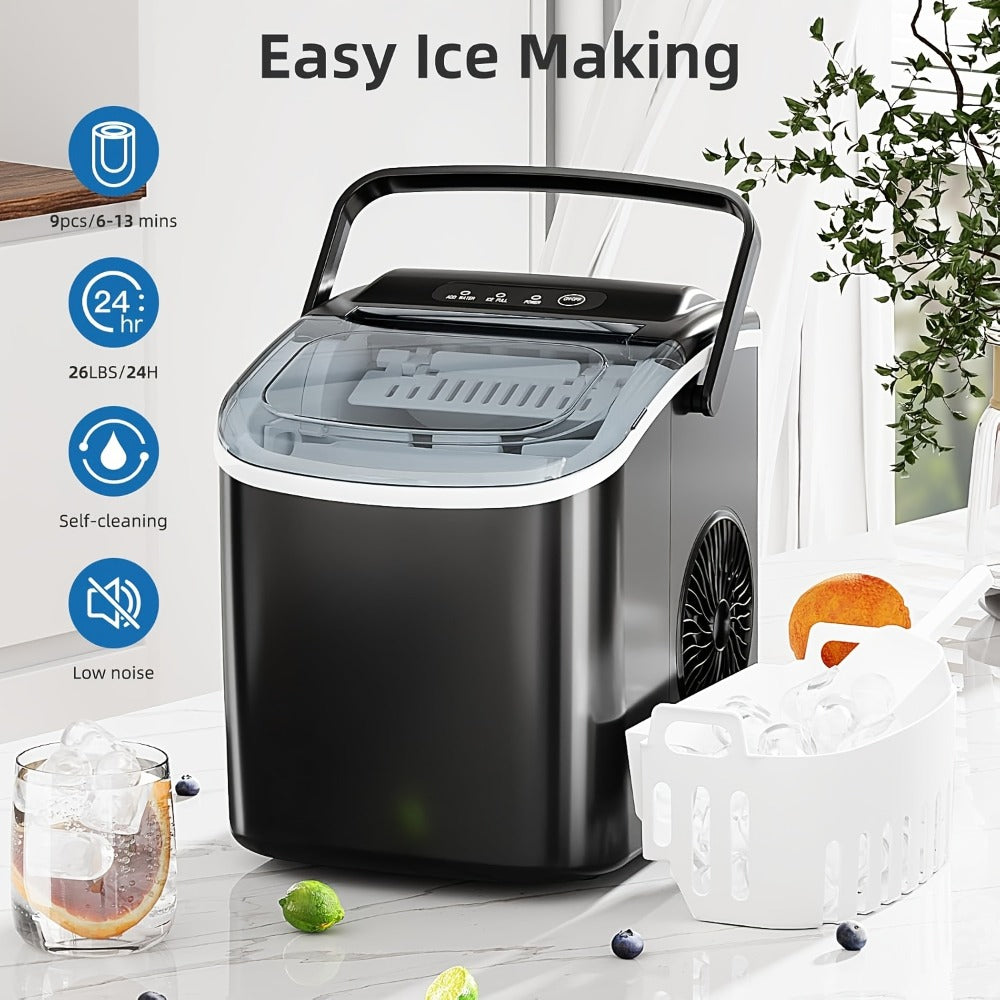 Countertop Bullet Ice Maker 26lbs/24H, 9 Bullet Ice Cubes in 6 Mins, 2 Sizes, Self-Cleaning Portable Ice Machine with Handle Ice Basket & Scoop, for Home Kitchen RV Camping