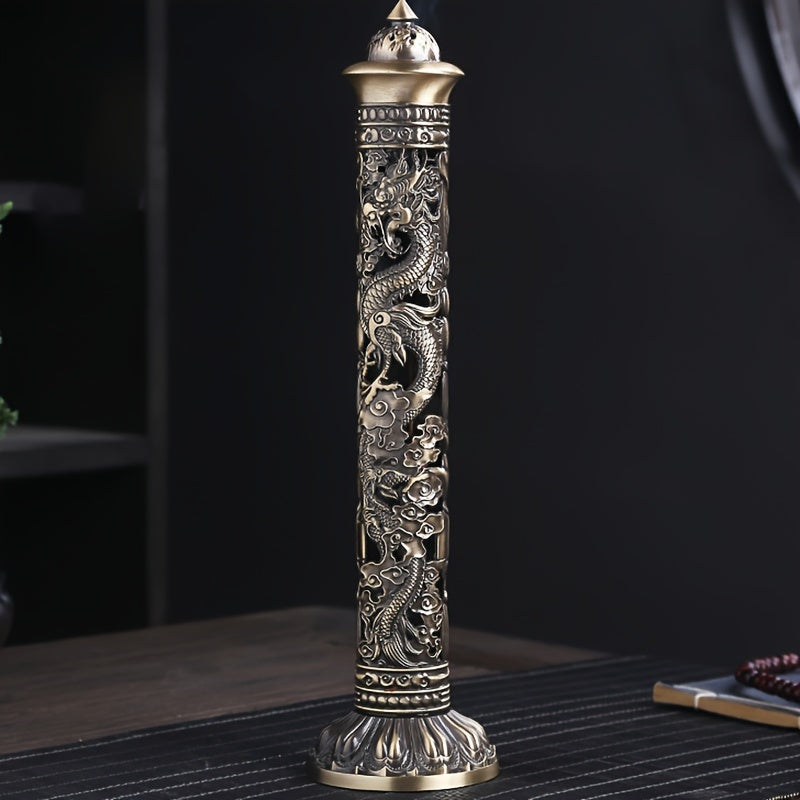 Incense Stick Holder Metal Retro Vertical Design, Dragon & Phoenix Heart Sutra Motif Brass Incense Burner Stand, Home Office Altar Meditation Ceremony Decoration Gift