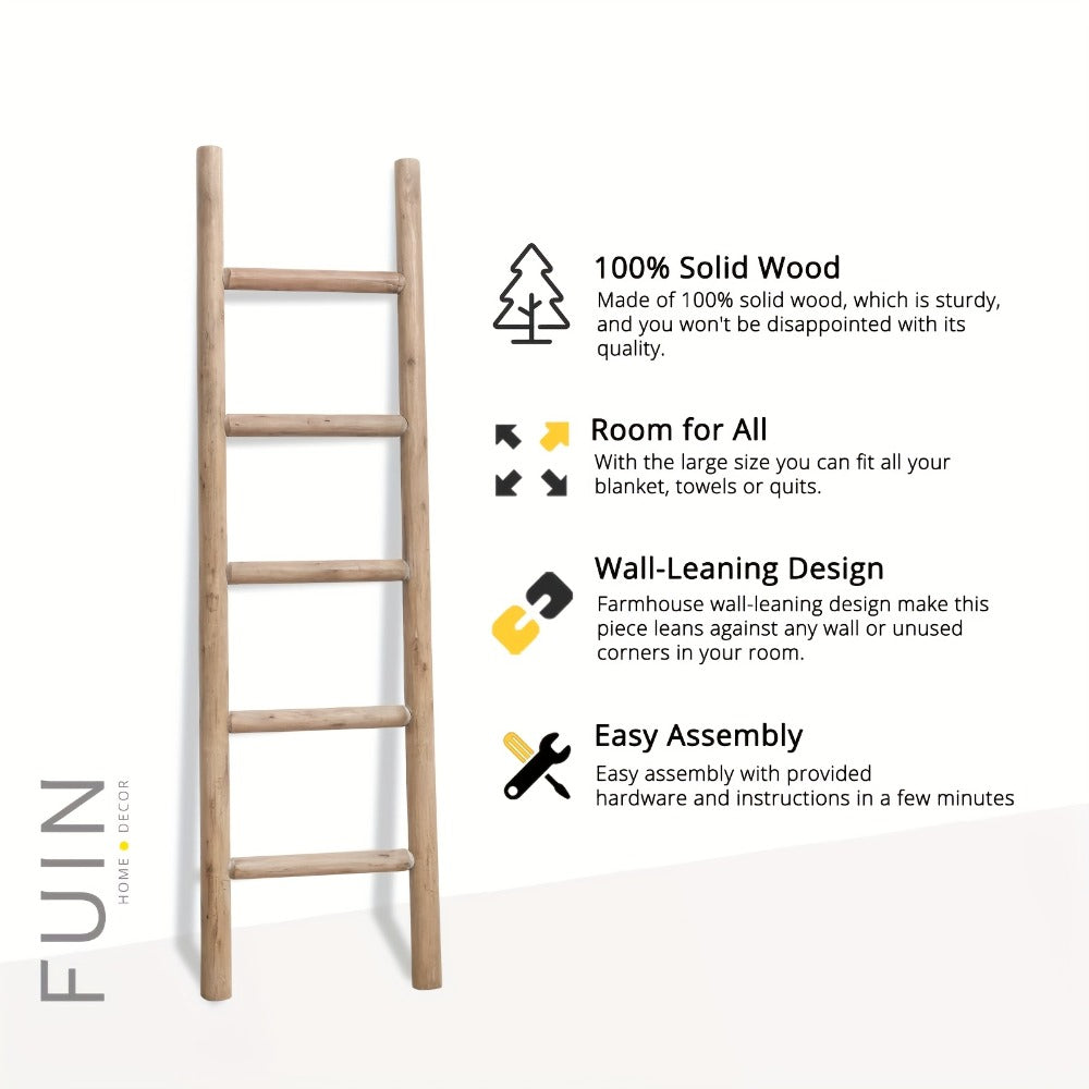 Blanket Ladder 57 Inch Wood Freestanding Farmhouse Quilt & Towel Display Rack - Rustic Wooden Wall Leaning Holder for Living Room, Bedroom & Bathroom Decor, Available in Brown, Black & White