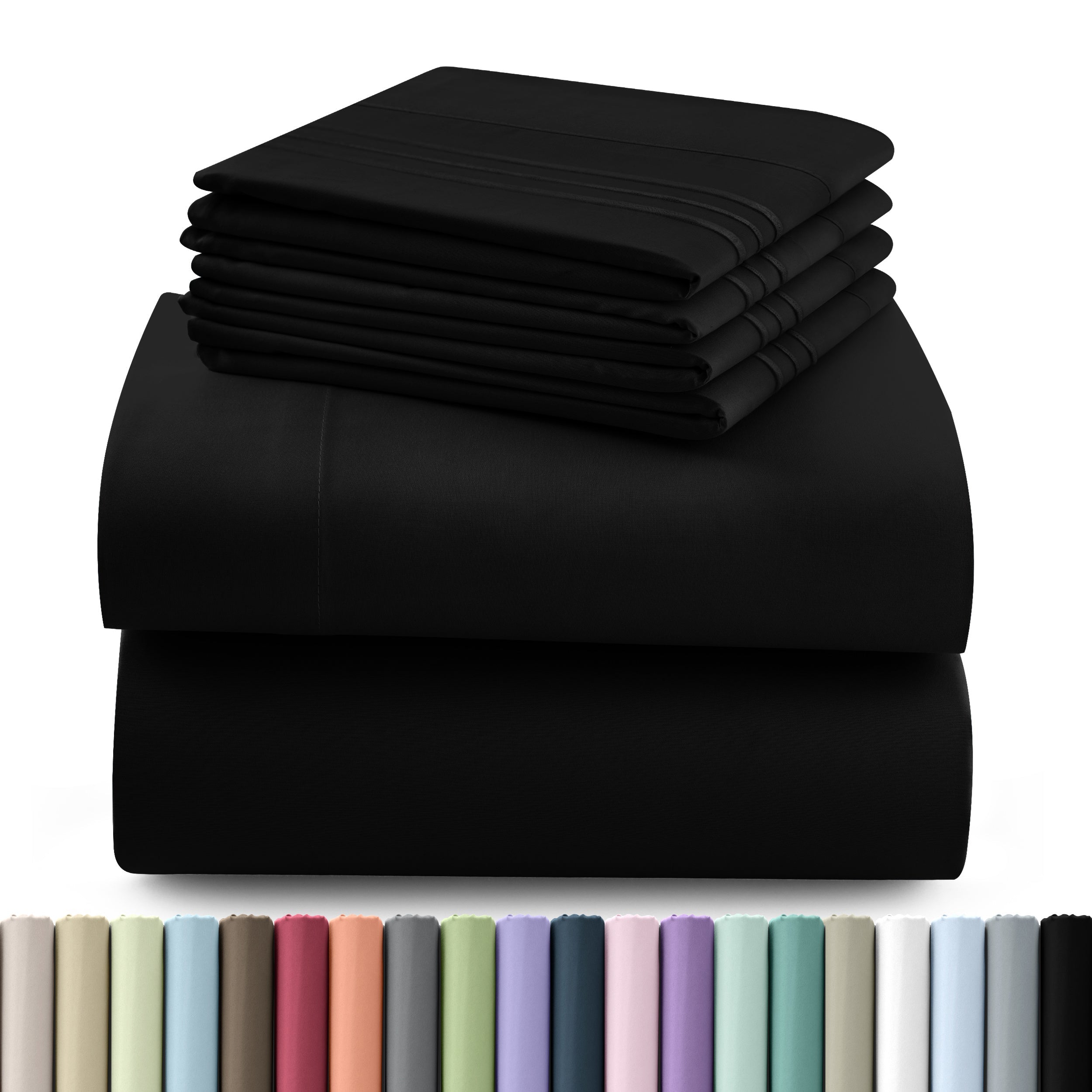 Fitted Sheet Set 6-Piece Brushed Polyester Deep Pocket Bed Sheets 20 Colors Hotel Luxury Soft Bedding with Embroidered Pillowcases