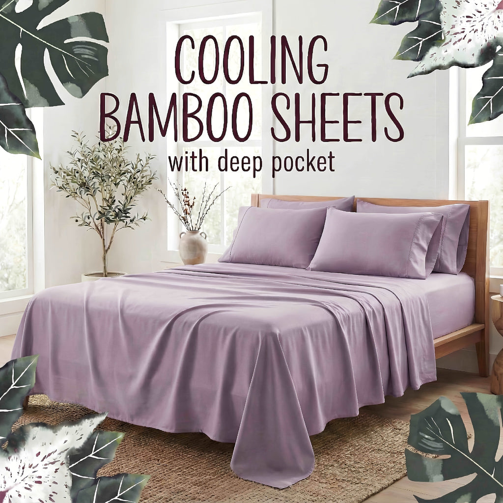 Bamboo Fiber Bed Sheet Set 4-Piece ¨C Cooling Sheets, Hypoallergenic, Deep Pocket Fitted Sheet, Wrinkle-Free Bedding for All Seasons, Twin Full Queen King