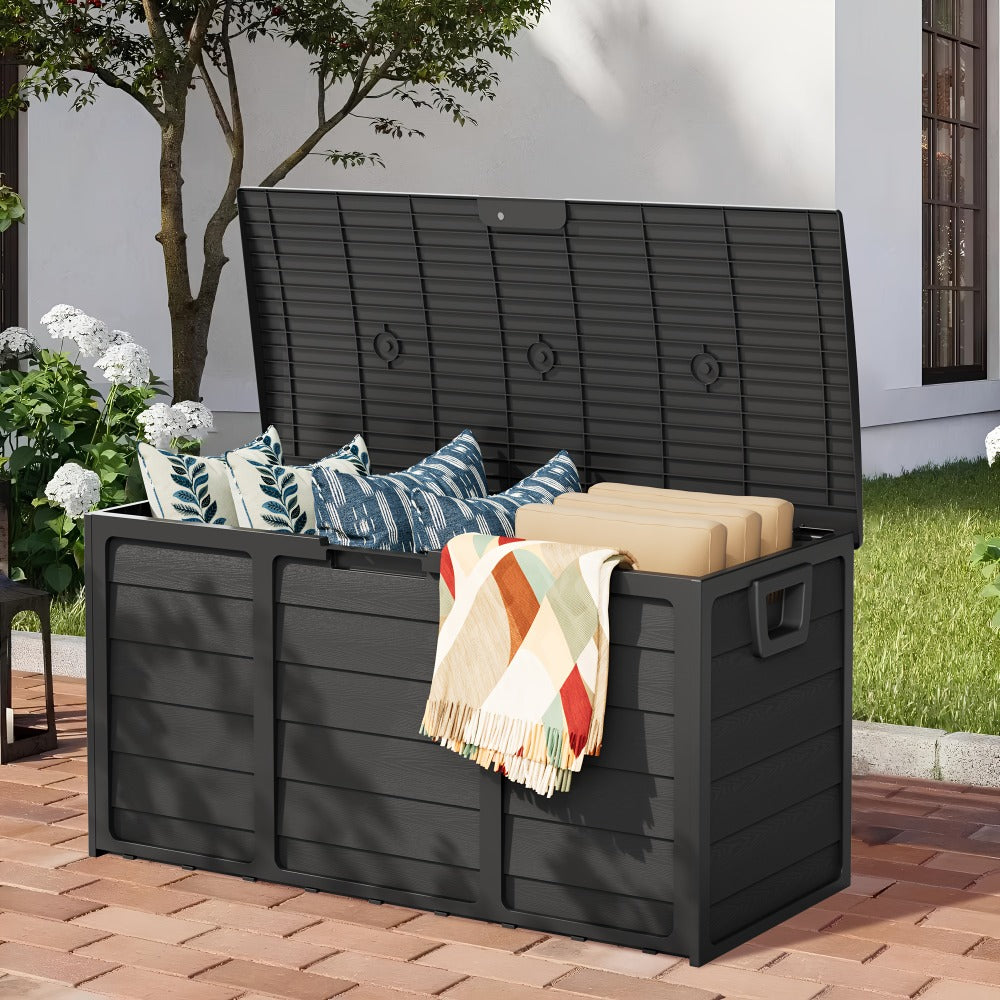 Outdoor Storage Box 75 Gallon Resin Deck Box with Handles ¨C Waterproof Lockable Container for Pool Accessories, Garden Tools, Camping Gear & Patio Storage, Easy Assembly
