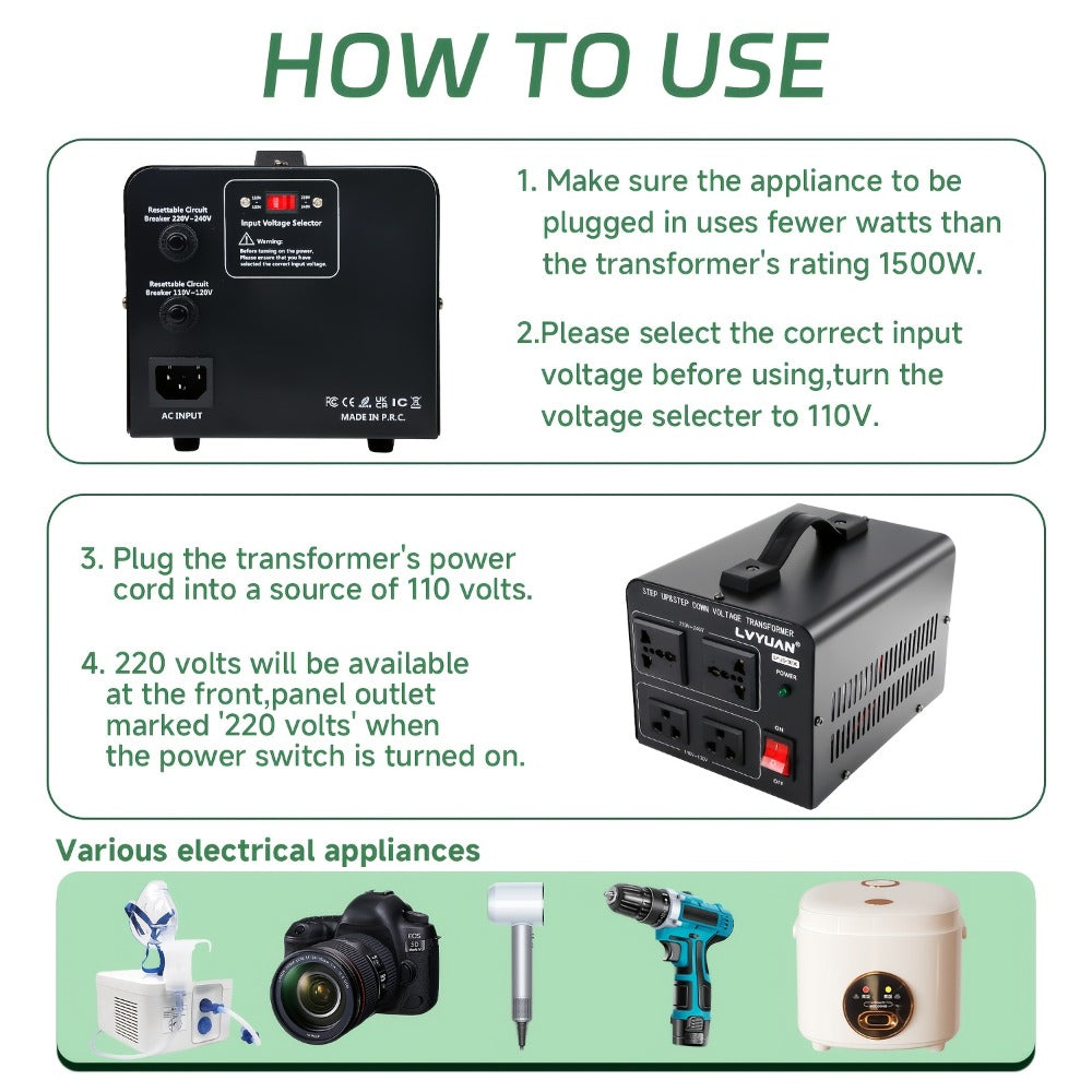 Voltage Converter Transformer 1500W Step Up Step Down - Converts 110V-120V to 220V-240V & Vice Versa, 2 US Outlets & 2 Universal Outlets, Resettable Circuit Breaker, International Travel Power Supply