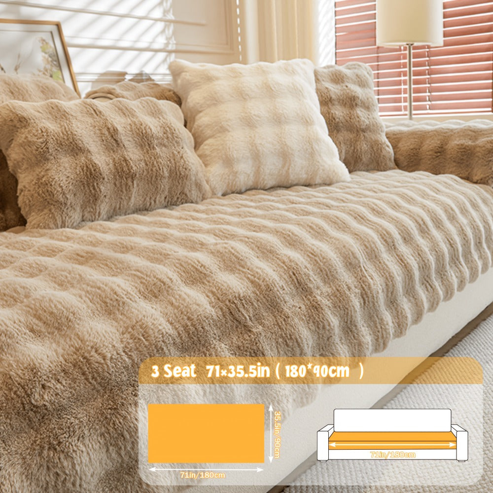Bubble Soft Faux Rabbit Fur Sofa Cover - Non-Slip Silicone Backing Stretchable Slipcover Pet Friendly Machine Washable for Living Room Bedroom Dorm, 4 Colors Multiple Sizes