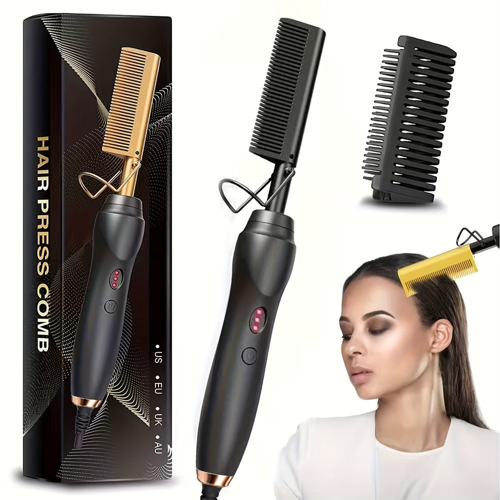 Electric Hot Comb Hair Straightener ¨C 3-in-1 Ceramic Pressing Comb for Natural Hair, Beard & Wigs, Curling & Straightening Iron with Protective Holder, Bonus 2 Clips & 1 Comb, Gift Ready