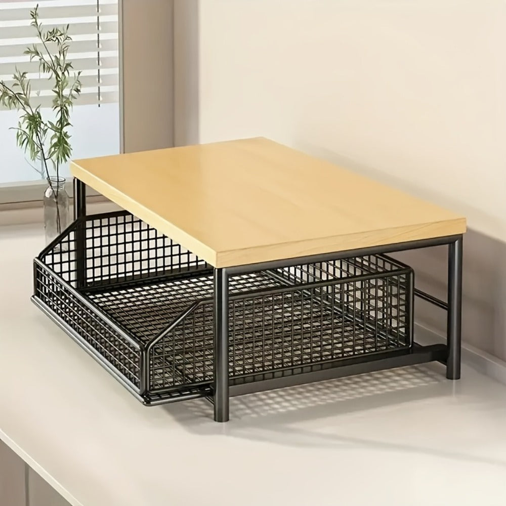 2-Tier Kitchen Countertop Organizer with Drawer & Wire Basket ¨C Hardwood & Metal Storage Shelf for Coffee Maker, Utensils & Spices