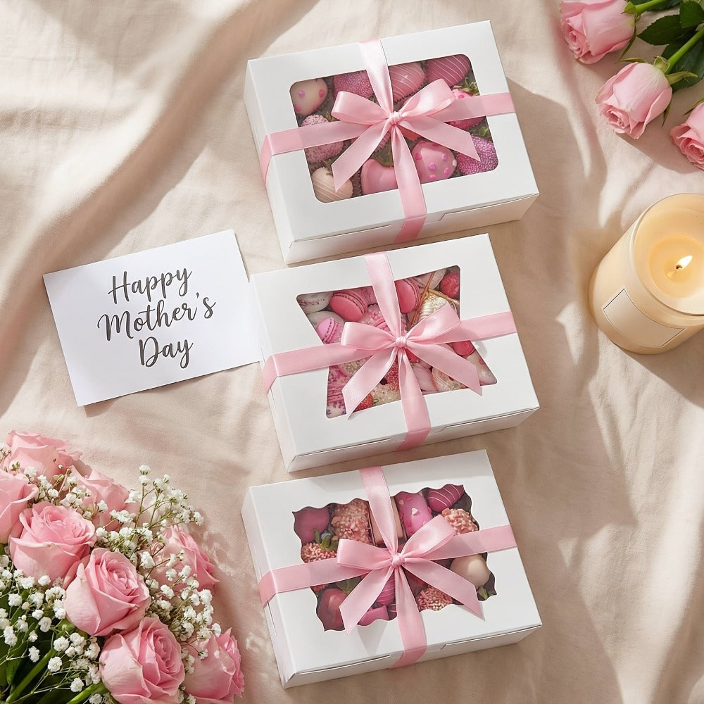 Cookie Boxes with Window 48pcs | 8x6x2.5 Inch Bakery Boxes 3 Styles | Clear Window Pastry Gift Boxes for Chocolate Covered Strawberries, Candy, Donuts, Cookies | Birthday Party, Wedding, Father's Day