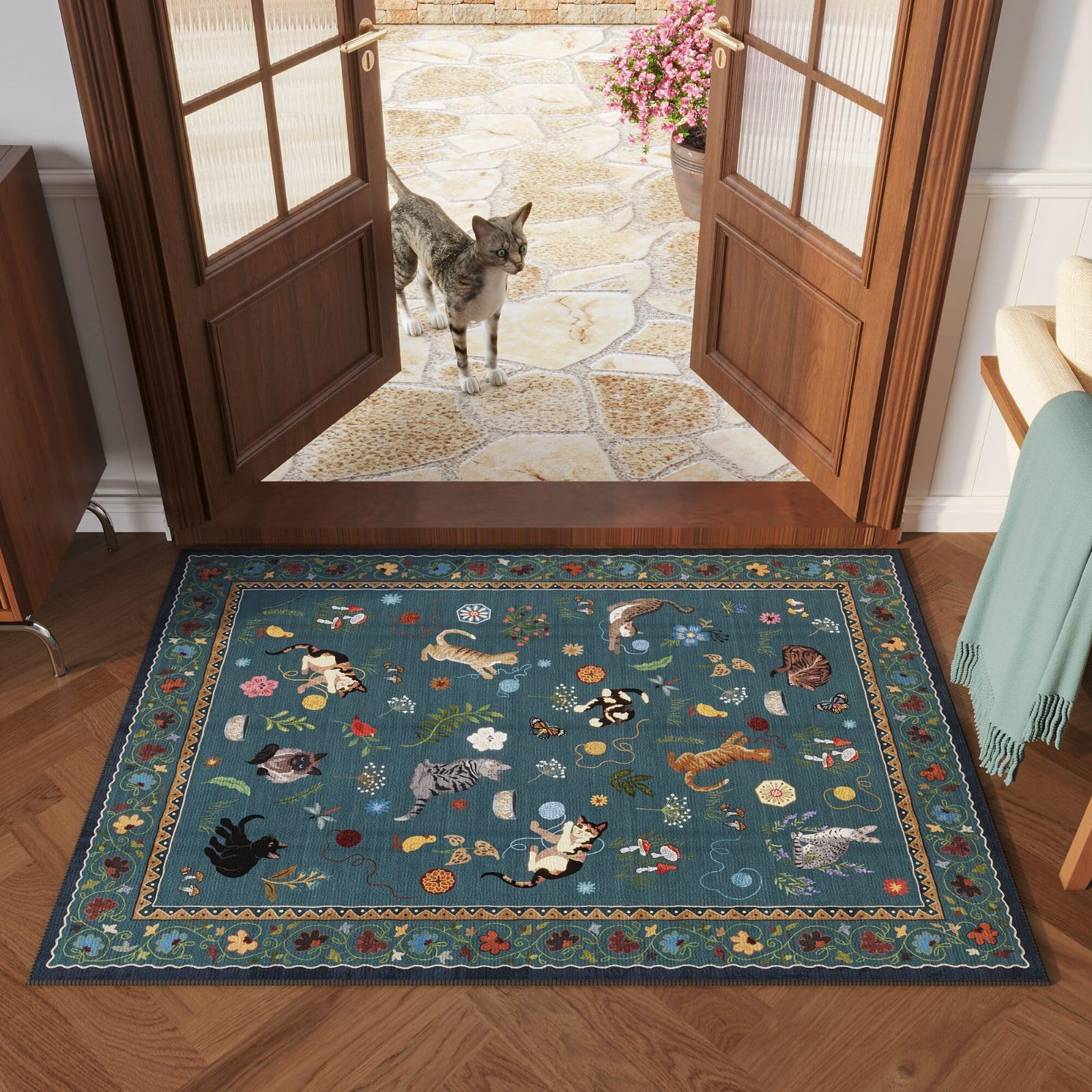 Boho Cat Floral Area Rug ¨C Vintage Blue Animal Print Low Pile Carpet, Non-Slip Soft Rug for Living Room, Bedroom & Dining Room, Round & Runner Sizes, Easy Clean