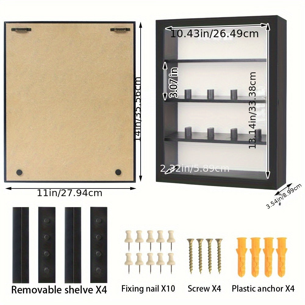 Shadow Box Frame with Linen Back ¨C Large Rustic Memory Display Case 11x14 & 12x16 Inch for Photos, Medals, Coins, Pins, Flowers & Collectibles, 4 Removable Shelves, Black White Brown