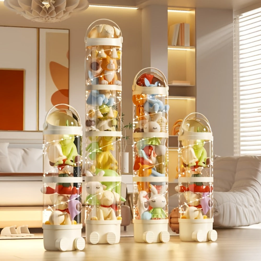 Transparent Toy Storage Bin 4-Layer Cylindrical Organizer for Stuffed Animals Dolls Plush Figurines - Dustproof Clear Display Bucket Easy Assembly for Kids Bedroom Living Room Playroom