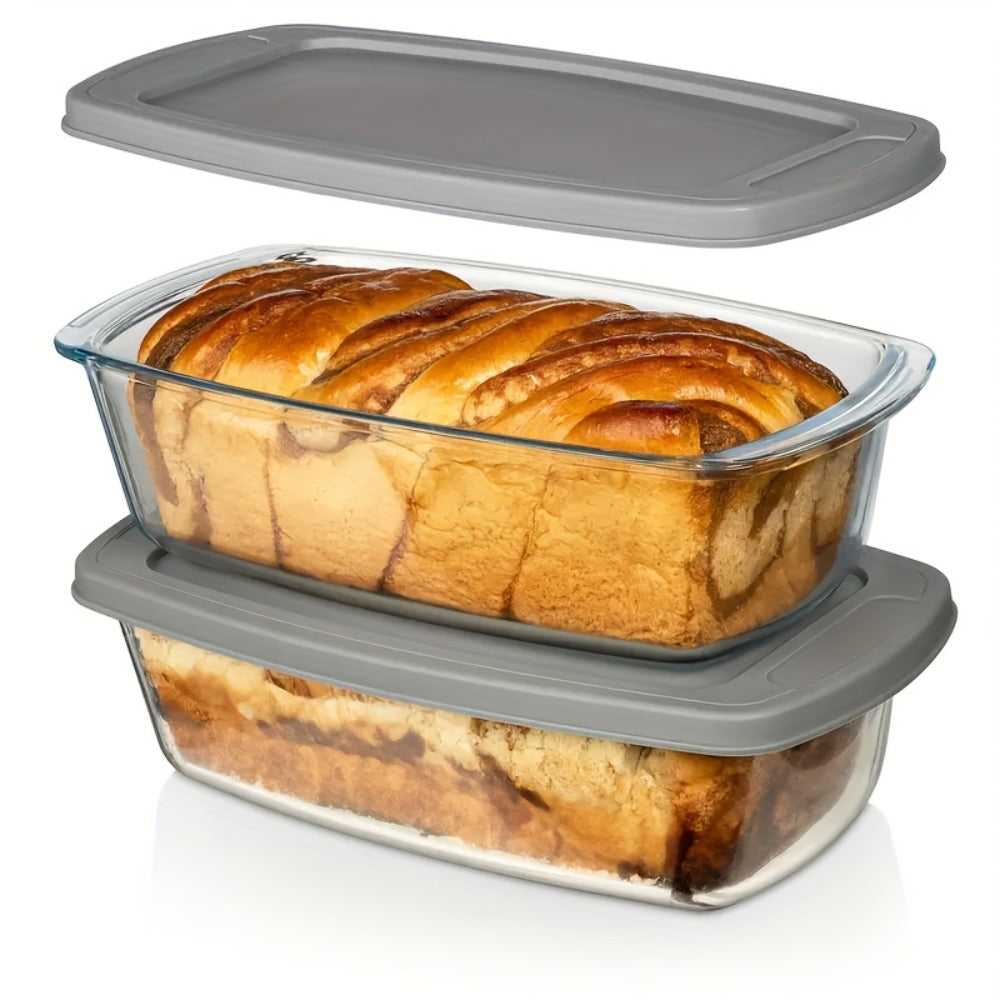 Glass Baking Dish with Lid, 1.9 Qt Rectangular Glass Loaf Pan with Handles, Oven & Microwave Safe Airtight Food Storage Container, Stackable Glass Bread Pan for Baking Bread Cakes, with Silicone Brush