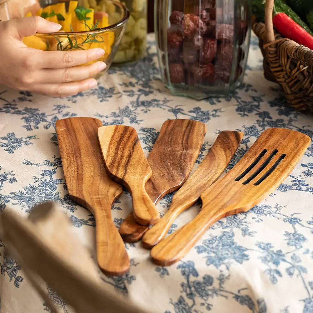 Wooden Kitchen Utensils Set 5pcs - Teak Spurtles Spatulas Spoons for Nonstick Cookware, Heat Resistant Non-Scratch Wood Cooking Tools