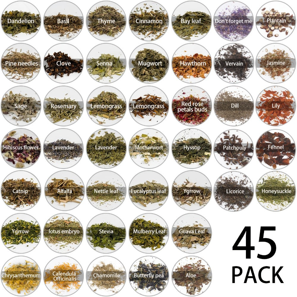 Dried Herbs Kit 45 Bottles with Crystal Spoon ¨C Altar Supplies Herb Set for Wicca, Pagan Magic, Incense Spells & Bath Rituals ¨C Beginner Witchcraft Starter Kit, Unique Gift for Mother's Day, Graduation & Weddings