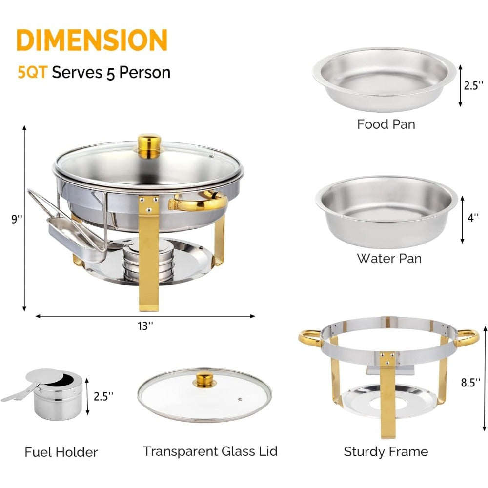 Stainless Steel Chafing Dish Set Buffet Warmer with Food Trays Water Trays Fuel Holders Mirror Finish Gold Handles Commercial Catering Buffet Server