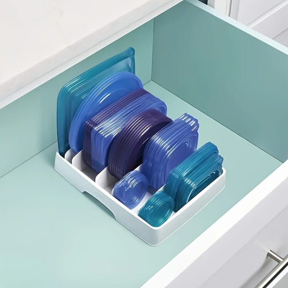 Adjustable Kitchen Storage Rack with 5 Baffles ¨C Cutting Board, Pot Lid & Tableware Organizer, Food Container Cover Holder