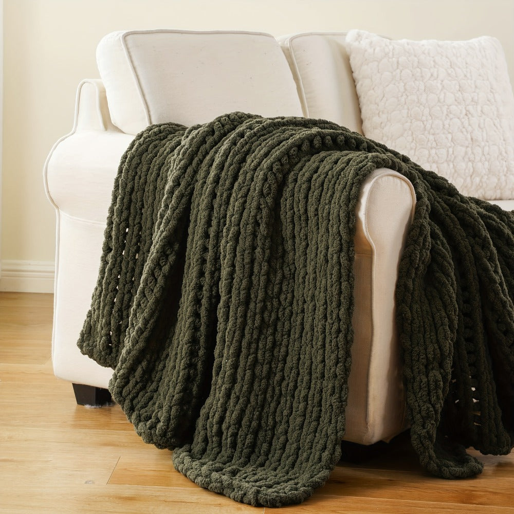 Chunky Chenille Cable Knit Throw Blanket ¨C 350-400gsm Soft Warm Crochet Throw for Sofa, Bed & Couch, Vintage Patchwork, 14 Colors