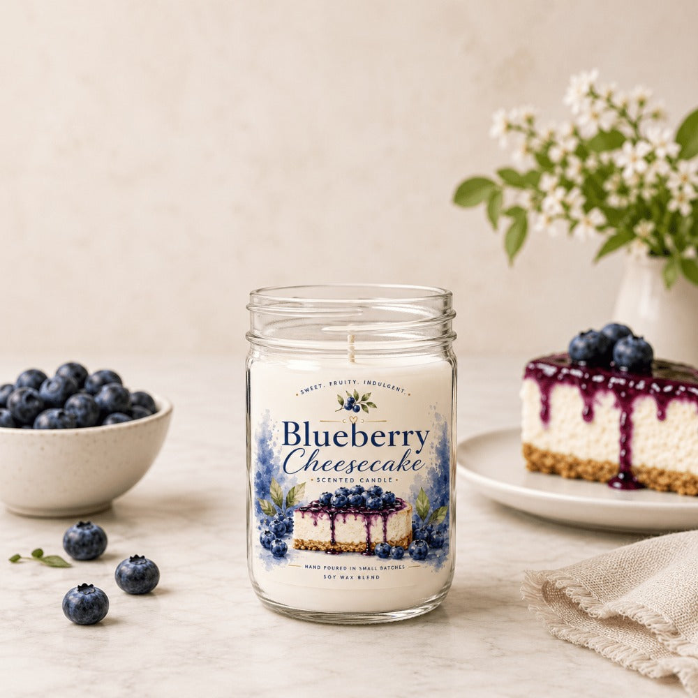 Blueberry Cheesecake Scented Soy Wax Candle ¨C 8 oz Mason Jar | Natural Soy, Cotton Wick, Vegan, Phthalate Free | 30-40 Hr Burn | Holiday & Fall Home Decor Gift