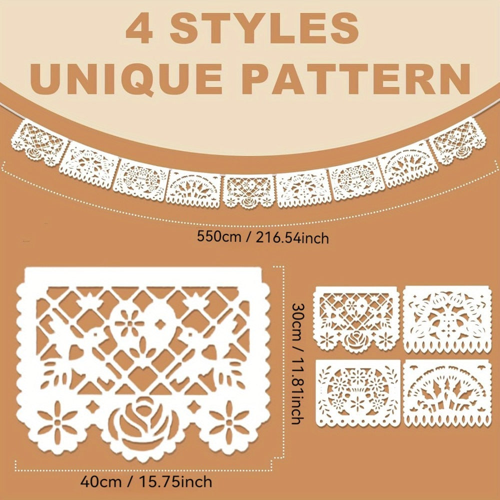 Papel Picado Banners 5 Pack White ¨C Mexican Fiesta Party Decorations, Day of the Dead Decor, Cinco de Mayo Banner, Wedding Fiesta Supplies, 4 Designs 90 Feet Plastic Flags