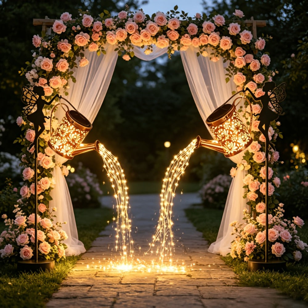 Solar Watering Can Lights 2pcs Garden Waterfall, IP65 Waterproof Hanging Solar String Lights with Ground Plug for Outdoor Lawn, Patio & Holiday Decor, Christmas Garden Gift