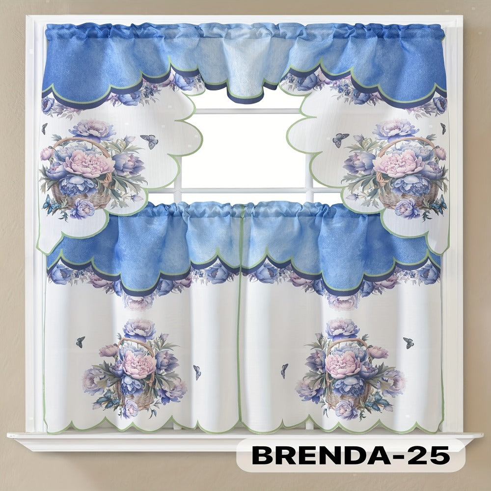 Kitchen Curtains 3 Piece Set Embroidered Satin Valance and Tiers - Rod Pocket Light Filtering Machine Washable 46 Colors Available All Season Home Decor