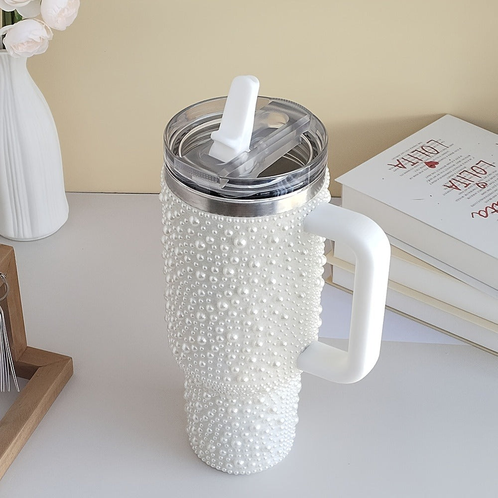 40oz Rhinestone Tumbler with Handle and Straw ¨C Stainless Steel Double Wall Insulated Cup | Pearl Glitter Travel Mug for Sublimation Outdoor Sports Camping Holiday Gift