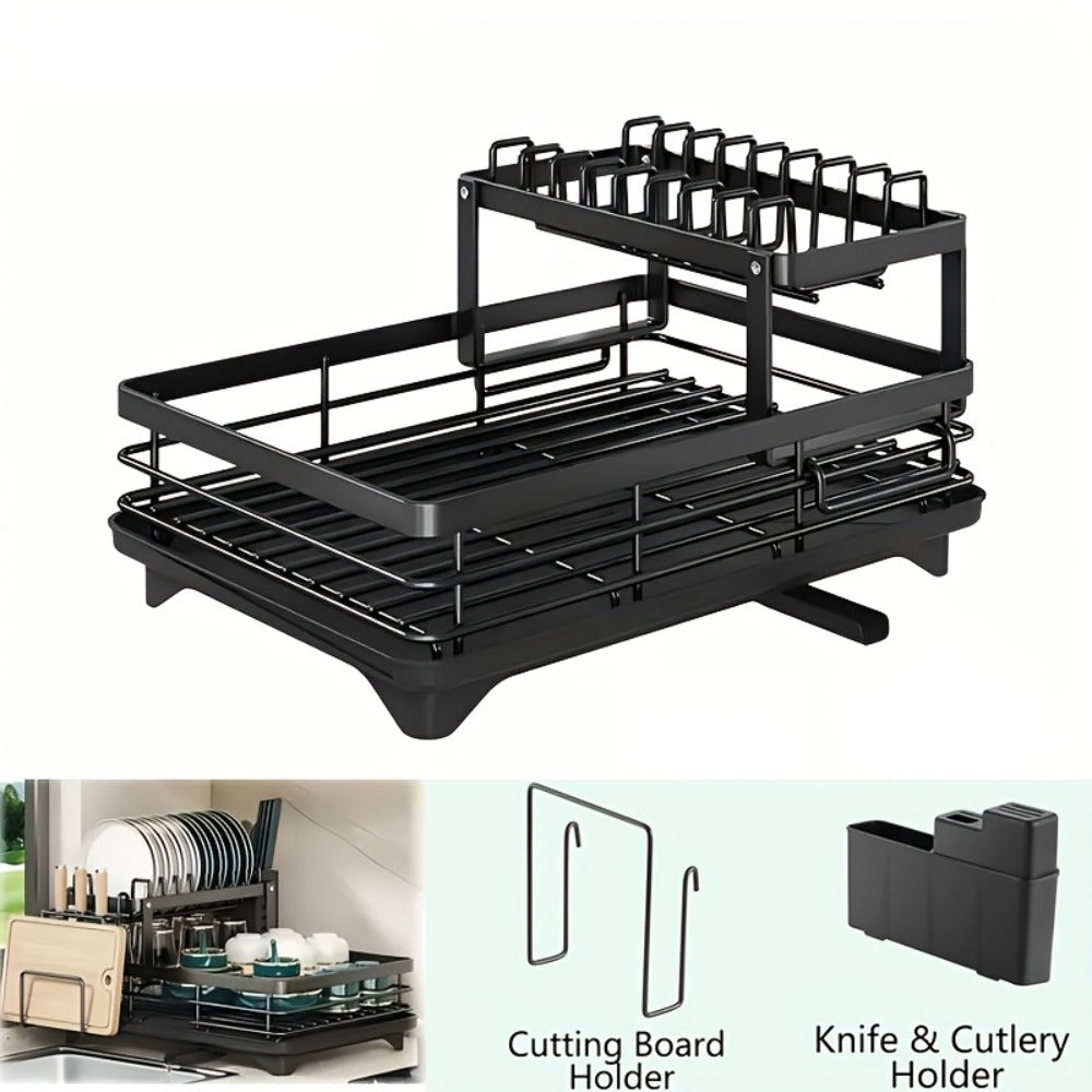 2-Tier Dish Drying Rack with Drainboard & Mat ¨C Metal Dish Rack for Kitchen Counter with Knife Fork Cup Holder