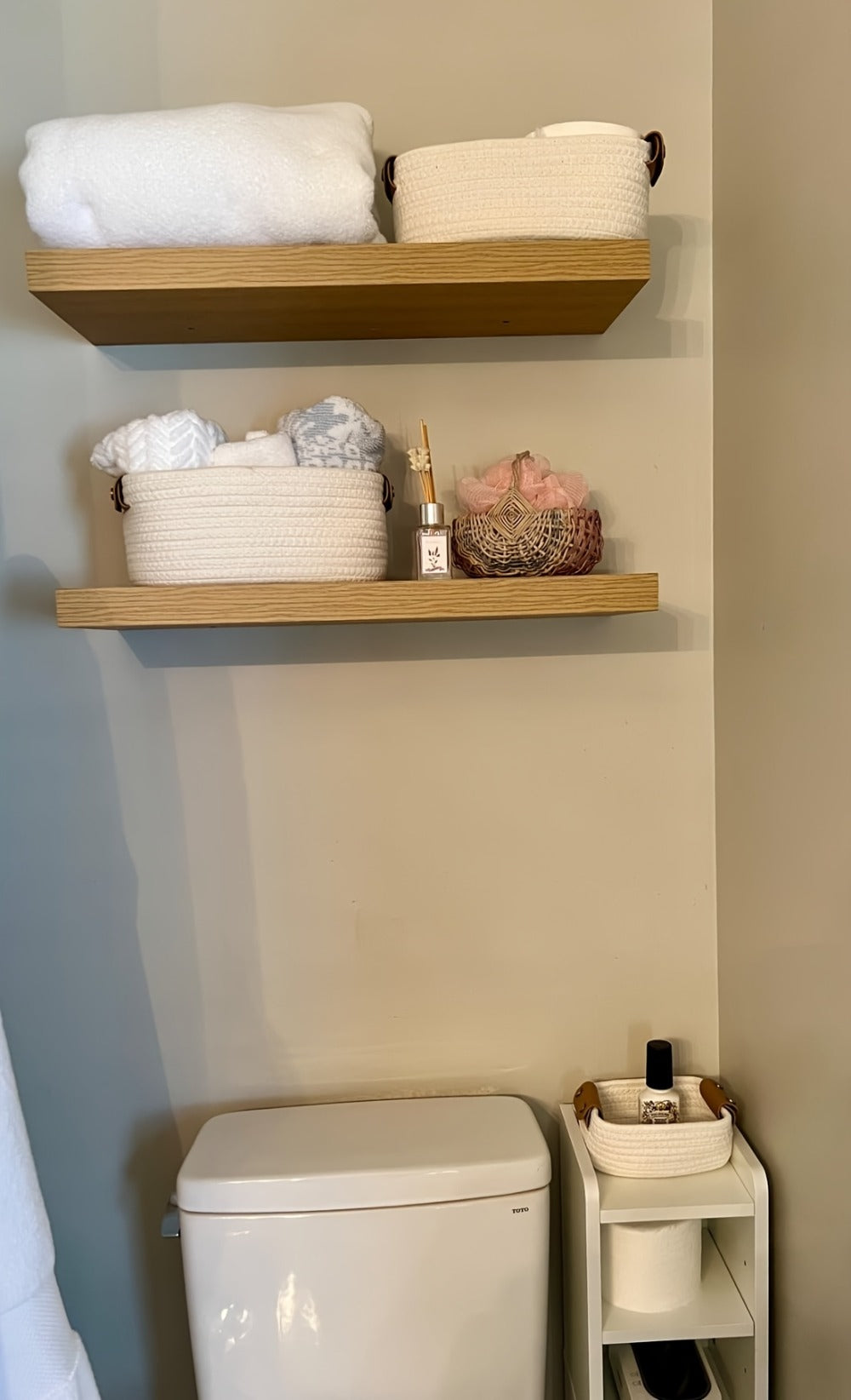 Cotton Rope Storage Basket Set of 5 Woven Baskets with Leather Handles for Shelves Bathroom Bedroom Living Room Office Organizer Bins Boho Home Decor Natural Brown White Black