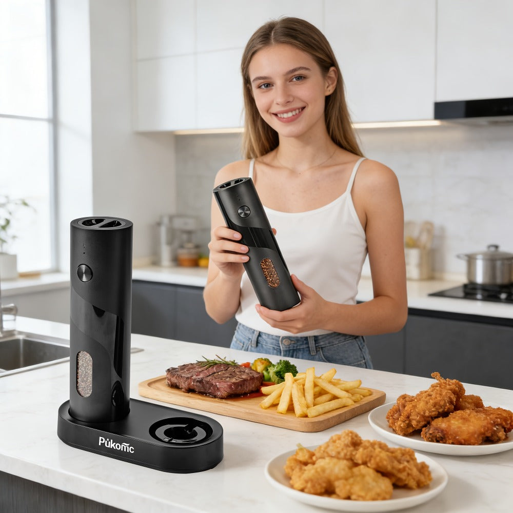 Electric Pepper Grinder Set of 2, Rechargeable with Charging Base, 6 Adjustable Coarseness Settings, Built-in LED Light & ABS Motor ¡ª Salt & Pepper Mill for Peppercorns & Spices, Brush Included