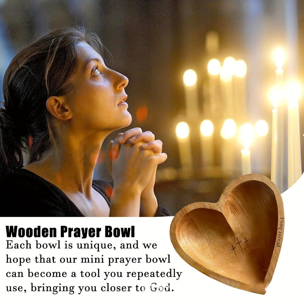 Wooden Prayer Bowl with 24 Prayer Cards ¨C Hand-Carved Heart Shaped Cross Engraved Vintage Religious Gift Set for Easter, Christmas, Thanksgiving, Home Altar & Prayer Room Tabletop Decor