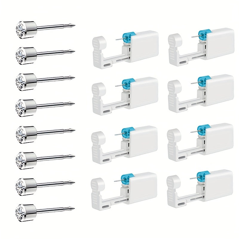 Disposable Ear Piercing Gun Set 8pcs - Stainless Steel Ear Stud Piercing Tool Kit, Safe Portable Self-Piercing Device with Hypoallergenic Earrings for Home Use, Silver & Gold