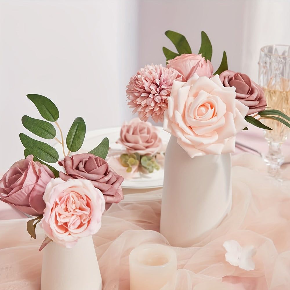 Pink Rose Dahlia Faux Flowers Box - Realistic PE Foam Artificial Flowers with Wire Stems for Wedding Bridal Bouquet Home Decor Table Arrangement Party Cake Baby Shower Birthday Decoration