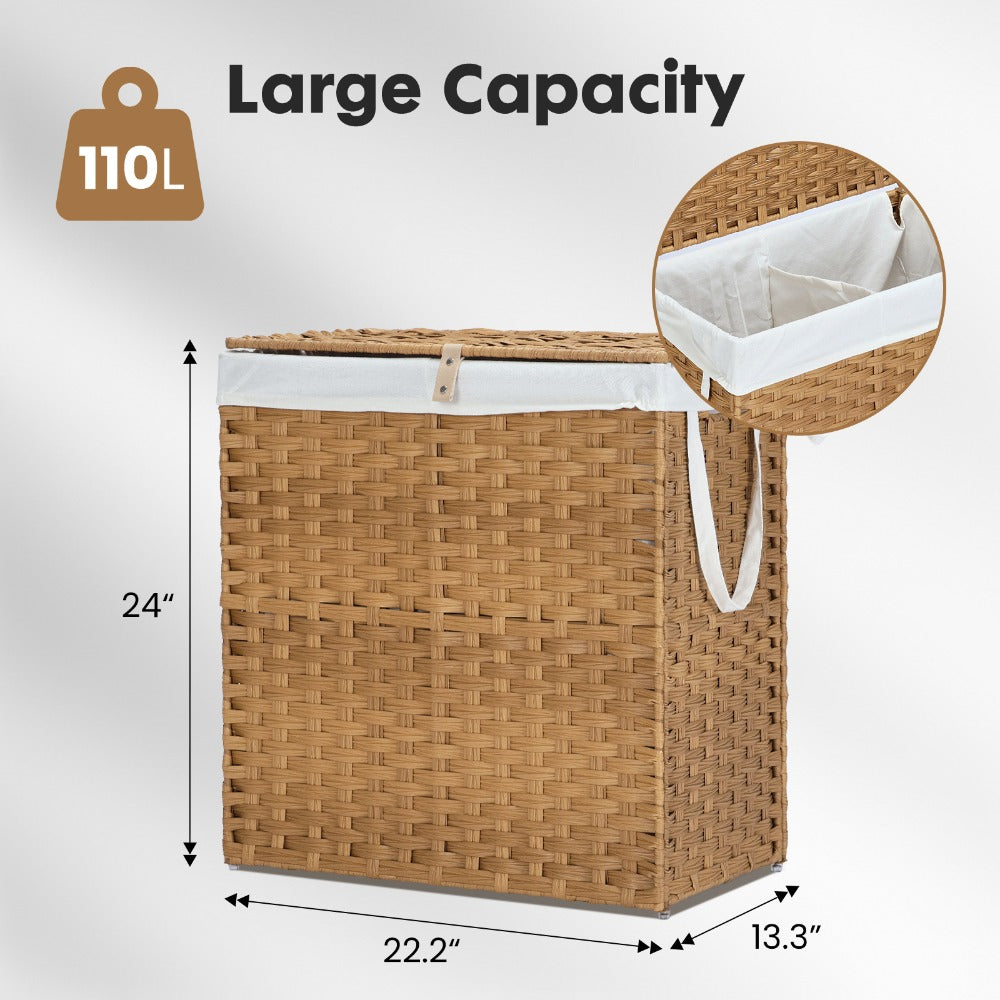 Laundry Hamper with Lid Large Capacity Woven Rattan Storage Basket, Collapsible Clothes Hamper with Handles & Removable Liner, Foldable Breathable Wicker Basket for Bedroom Home Dorm, 2 Sizes