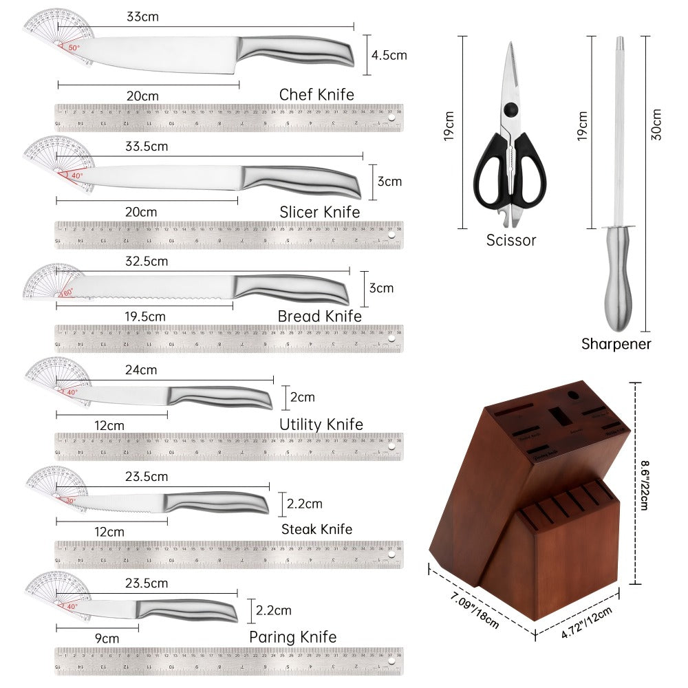 Kitchen Knife Set 15 Piece ¨C Chef Knife Block Set with Self-Sharpening Wooden Block, Steak Knives & Hammered Stainless Steel Blades, Perfect Gift for Home Cooks & Men