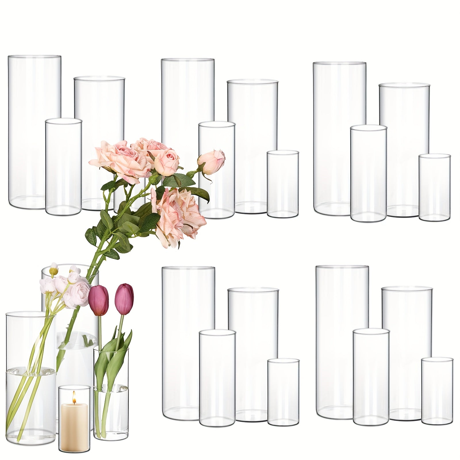 Clear Glass Cylinder Vases Bulk Set 12 24 48pcs 4 6 8 10 Inch Tall Flower Vase Hurricane Floating Candle Holder for Wedding Centerpieces Party Table Decor Valentine Halloween Christmas Home Kitchen