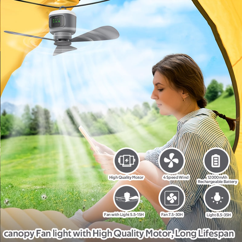 Remote Control Camping Fan 12000mAh Battery Portable Outdoor Fan with LED Light 4-Speed Settings 8-Hour Timer 30-Hour Runtime Rechargeable Tent Fan