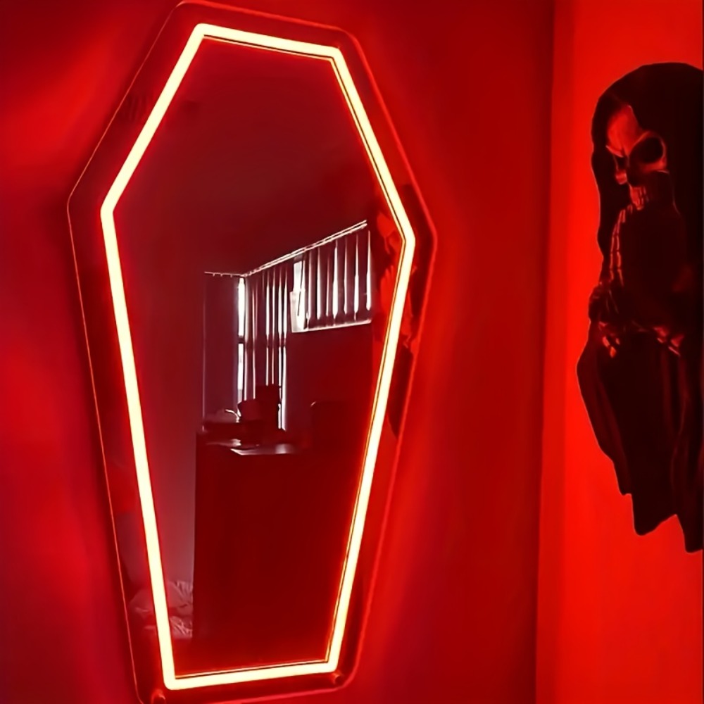 Gothic Coffin Shaped Neon Wall Mirror USB Powered LED Neon Light Mirror Irregular Decorative Art Mirror for Dark Gothic Aesthetic Bedroom Wall Decor Halloween Gift Cold White