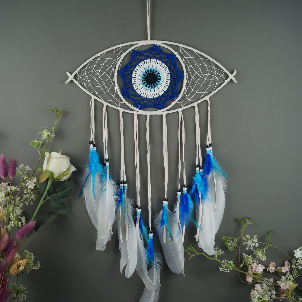 Dream Catcher Wall Decor Evil Eye - Boho Hanging Pendant for Home Protection, Blessing & Good Luck, Handmade Dreamcatcher with Evil Eye Charm