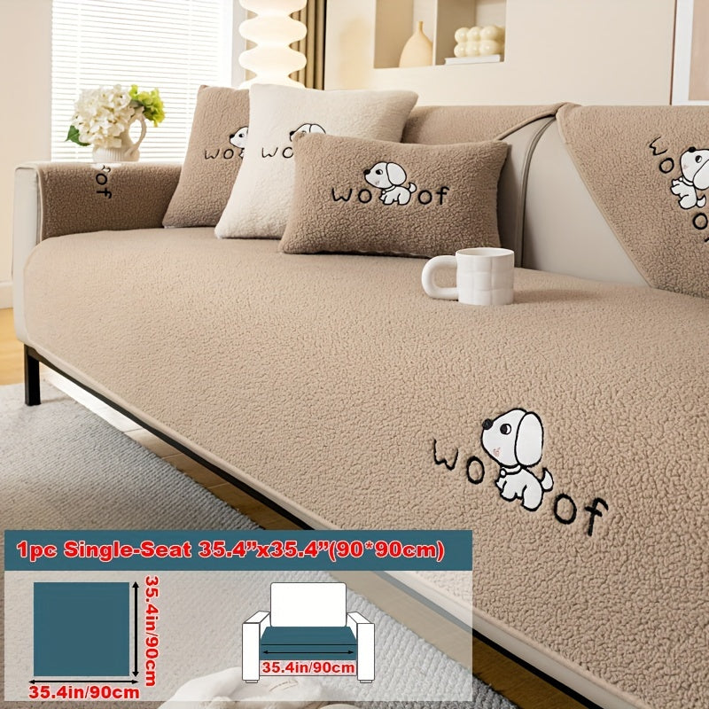 Sherpa Plush Sofa Cover Non-Slip | Thick Fleece Couch Protector, Pet Friendly Furniture Shield, 1 to 4 Seat, Armrest Backrest Pillowcase, Deep Gray Light Gray Coffee Off White