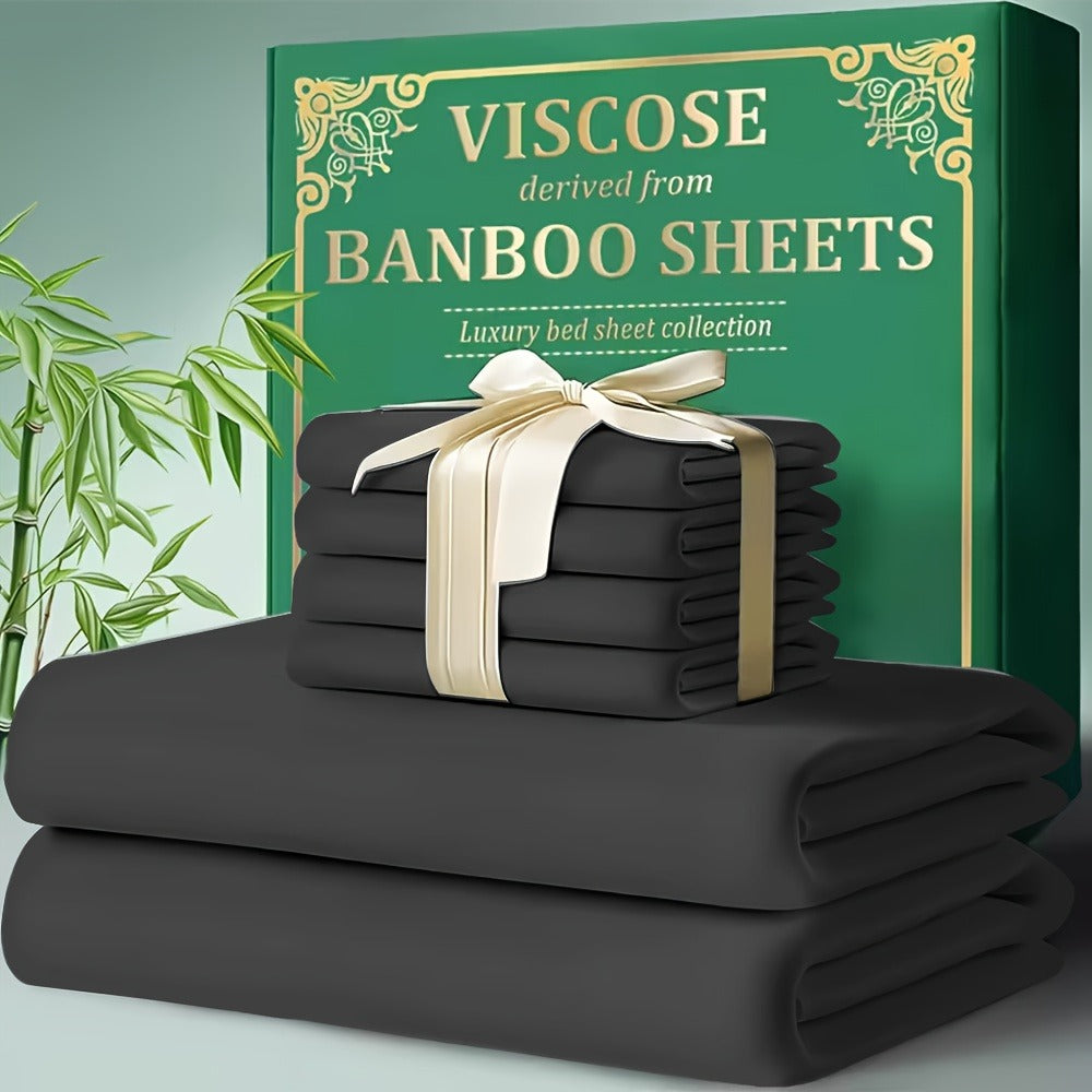 Bamboo Cooling Bed Sheet Set 4pcs - Ultra Soft Breathable Deep Pocket Fitted Sheets, 2200TC Cooling Fabric, Shrink & Wrinkle Resistant, All-Season Bedding