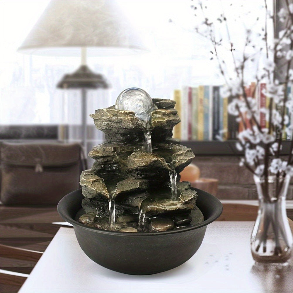 Indoor Tabletop Fountain with LED Lights ¨C Crystal Ball Rolling Waterfall Desktop Zen Fountain Humidifier for Living Room Office Bedroom